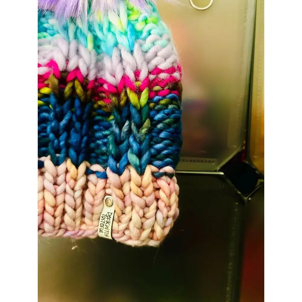 Handmade Neon Merino Wool Beanie: Colorful Winter Hat with Faux Fur Pom